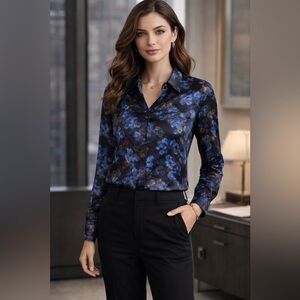 Elie Tahari Blue Floral Silk Blouse Button Down Shirt XS NWT $78